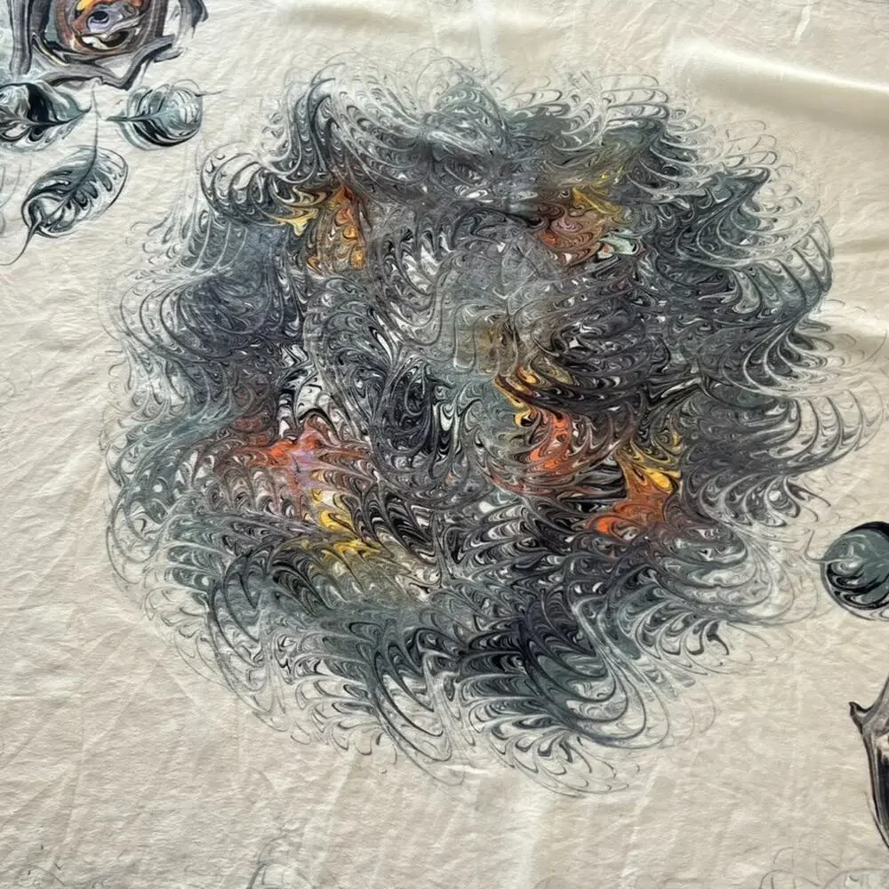 Marble Swirl Silk Scarf Hand Marbled Square Ivory Black Gray Hand Rolled Hem 30
